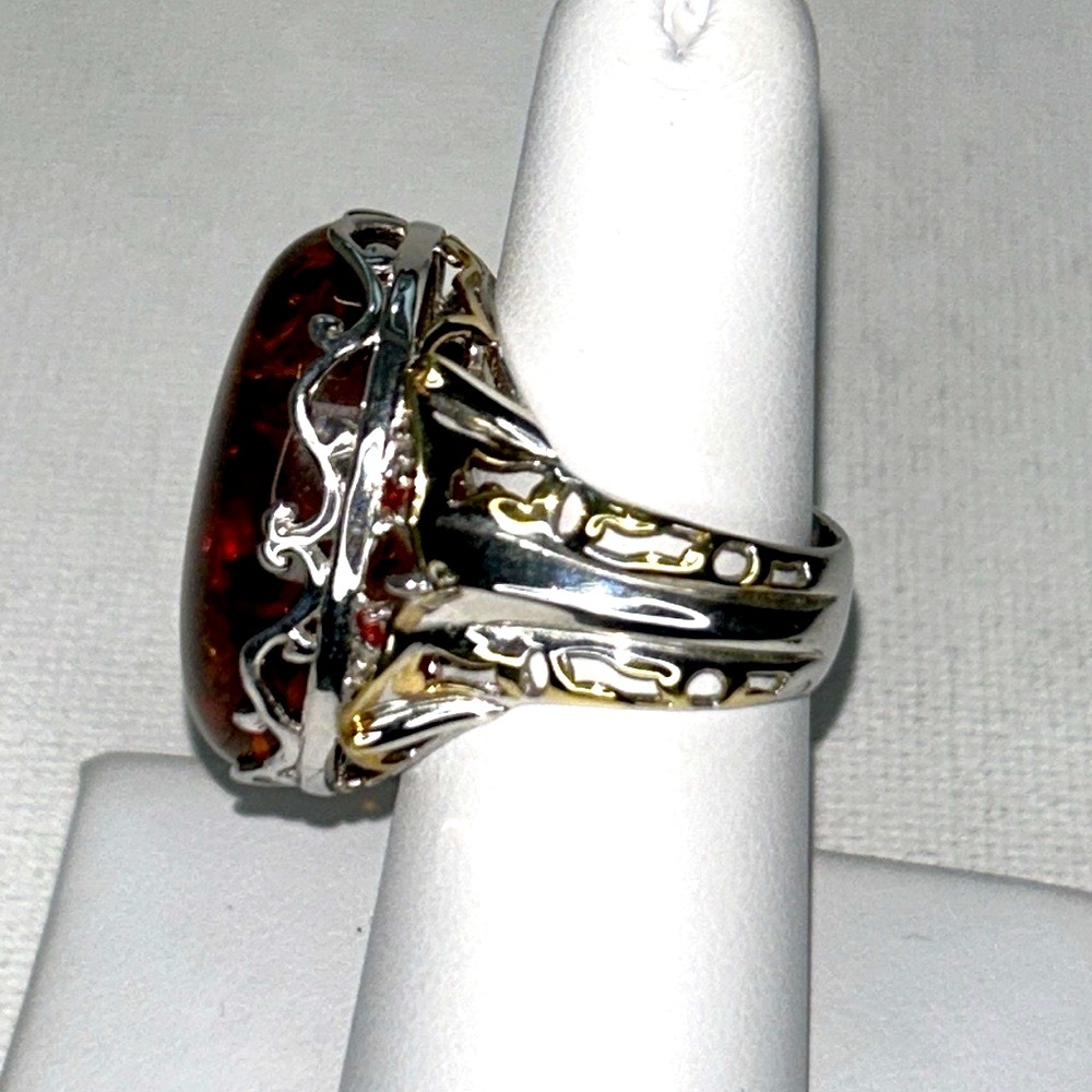 Baltic Amber, Citrine, Sterling Silver, 18K Plating Ring By Gems En Vogue - Picture 3 of 16
